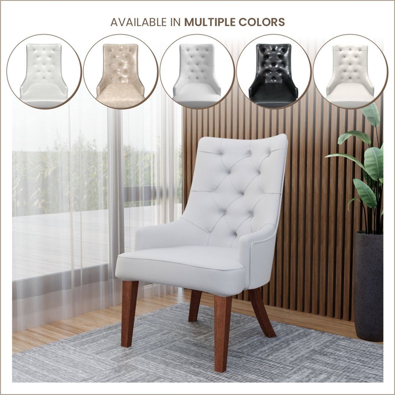 Leather Dining Chair Diamond-Tufted Side Chair in Rubberwood in Light Gray