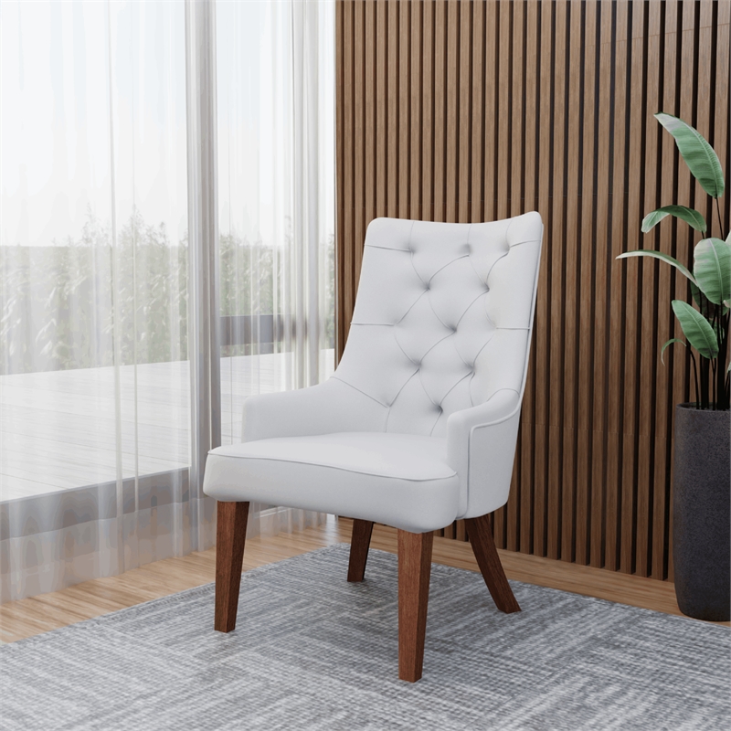 Leather Dining Chair Diamond-Tufted Side Chair in Rubberwood in Light Gray
