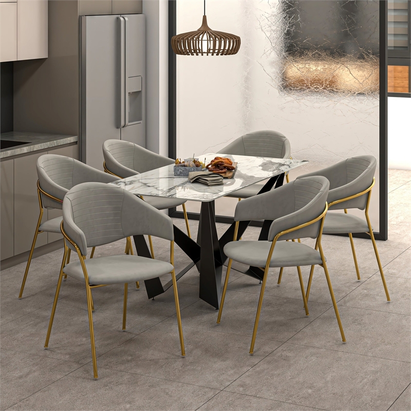 Dining Chair in Velvet Gold Stainless Steel Armchair in Light Gray