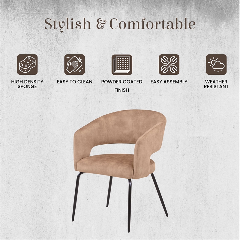 Dining Chair in Velvet with Open Curved Backrest Iron Base in Light Brown