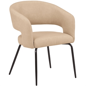 Dining Chair in Leather with Open Curved Backrest Iron Base in Light Taupe