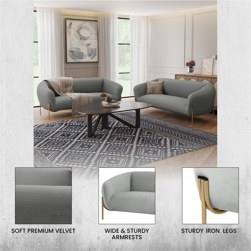 LeisureMod Zuno 3-Seater Velvet Upholstered Sofa w/Gold Iron Legs in Light Gray