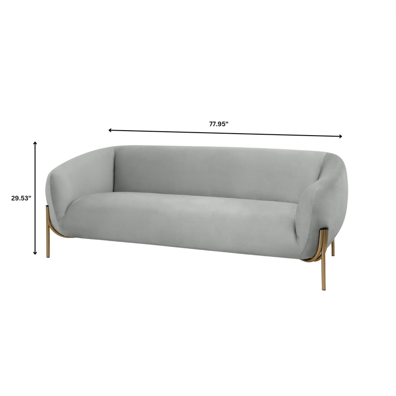 LeisureMod Zuno 3-Seater Velvet Upholstered Sofa w/Gold Iron Legs in Light Gray