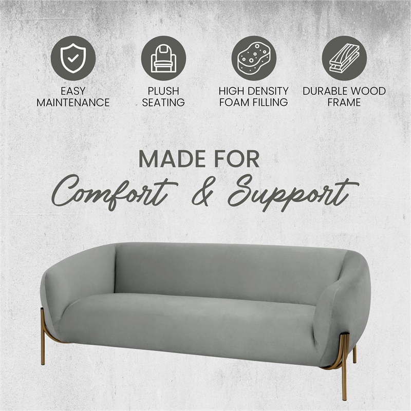 LeisureMod Zuno 3-Seater Velvet Upholstered Sofa w/Gold Iron Legs in Light Gray