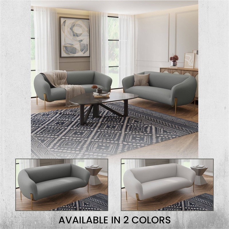 LeisureMod Zuno 3-Seater Velvet Upholstered Sofa w/Gold Iron Legs in Light Gray