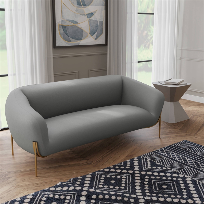 LeisureMod Zuno 3-Seater Velvet Upholstered Sofa w/Gold Iron Legs in Light Gray