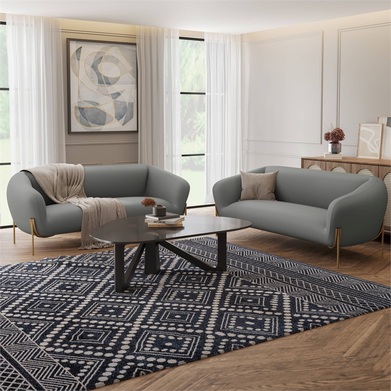 LeisureMod Zuno 3-Seater Velvet Upholstered Sofa w/Gold Iron Legs in Light Gray