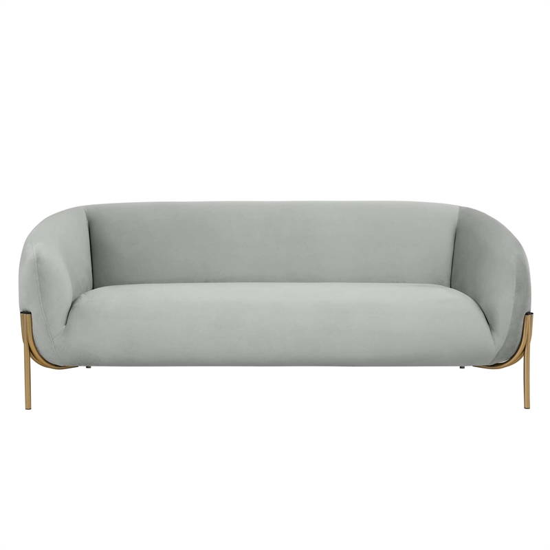 LeisureMod Zuno 3-Seater Velvet Upholstered Sofa w/Gold Iron Legs in Light Gray
