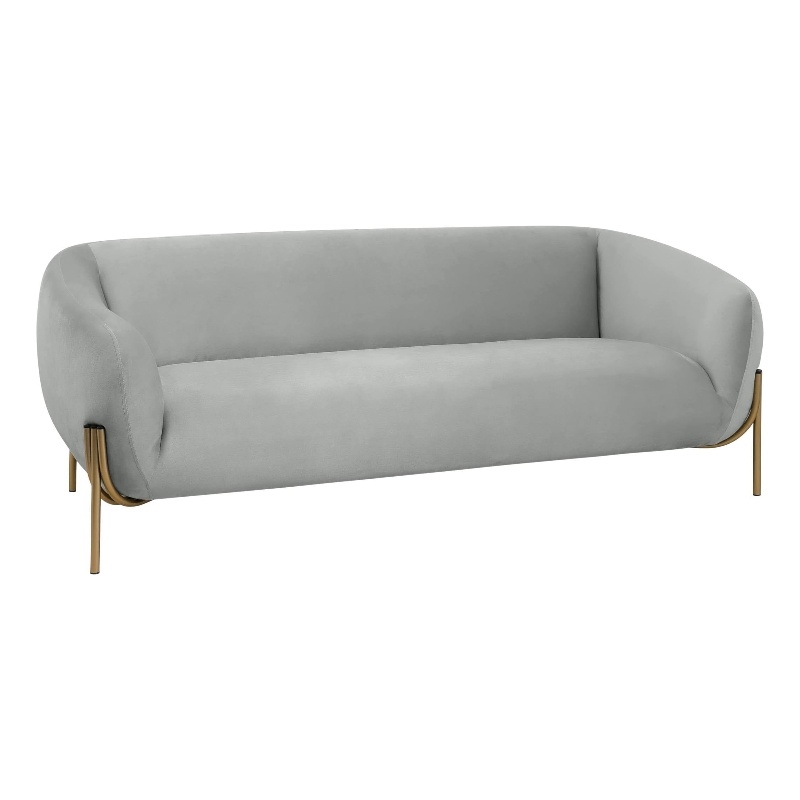 LeisureMod Zuno 3-Seater Velvet Upholstered Sofa w/Gold Iron Legs in Light Gray