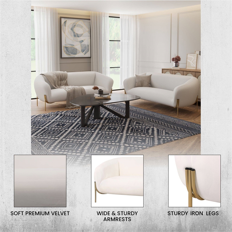 LeisureMod Zuno 3-Seater Upholstered Velvet Sofa with Gold Iron Legs in White