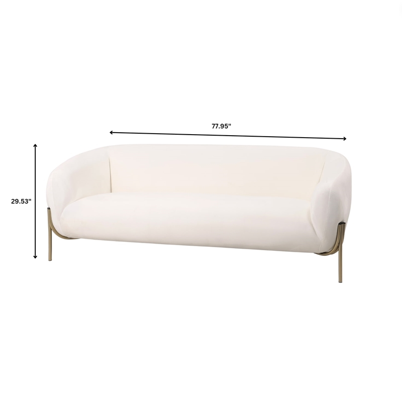 LeisureMod Zuno 3-Seater Upholstered Velvet Sofa with Gold Iron Legs in White
