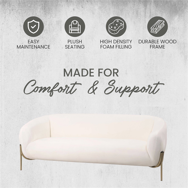 LeisureMod Zuno 3-Seater Upholstered Velvet Sofa with Gold Iron Legs in White