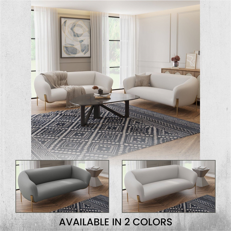 LeisureMod Zuno 3-Seater Upholstered Velvet Sofa with Gold Iron Legs in White