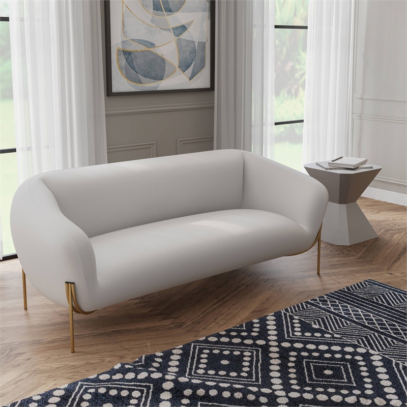 LeisureMod Zuno 3-Seater Upholstered Velvet Sofa with Gold Iron Legs in White