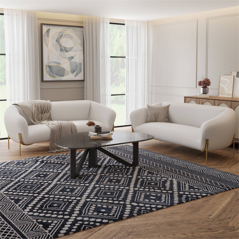 LeisureMod Zuno 3-Seater Upholstered Velvet Sofa with Gold Iron Legs in White