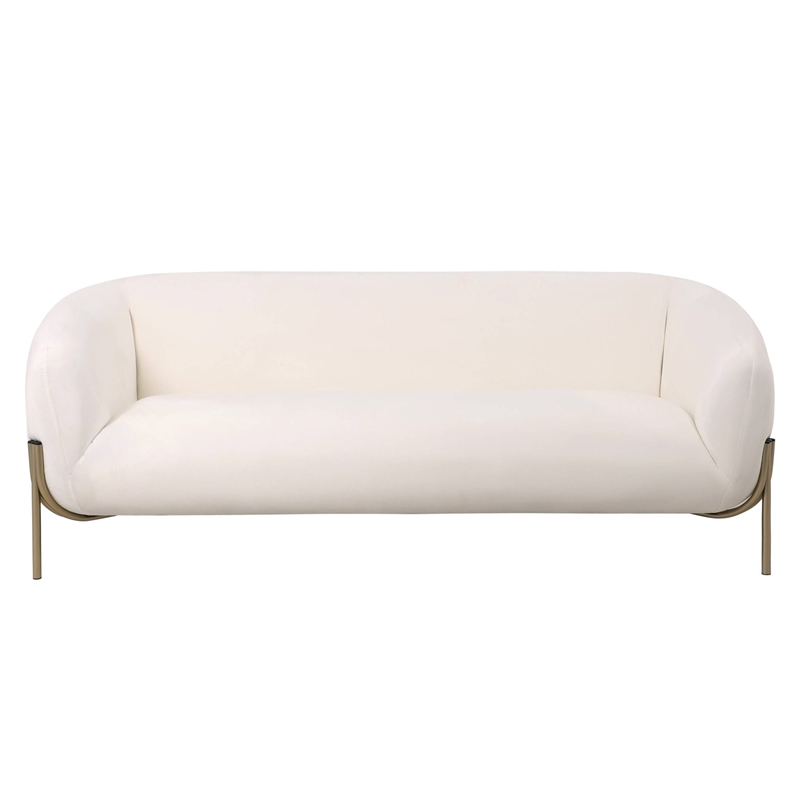 LeisureMod Zuno 3-Seater Upholstered Velvet Sofa with Gold Iron Legs in White
