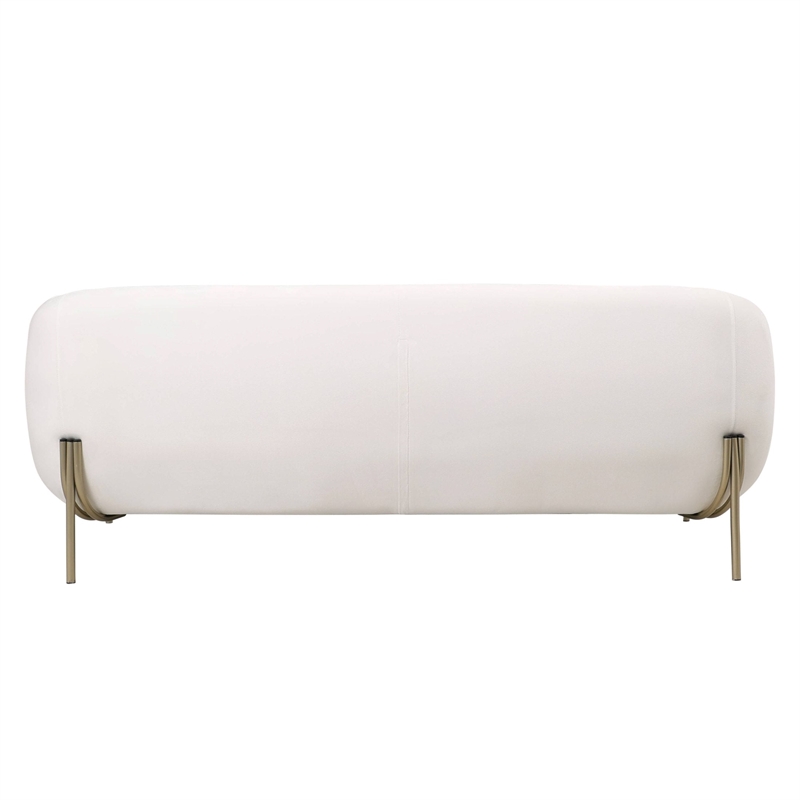 LeisureMod Zuno 3-Seater Upholstered Velvet Sofa with Gold Iron Legs in White