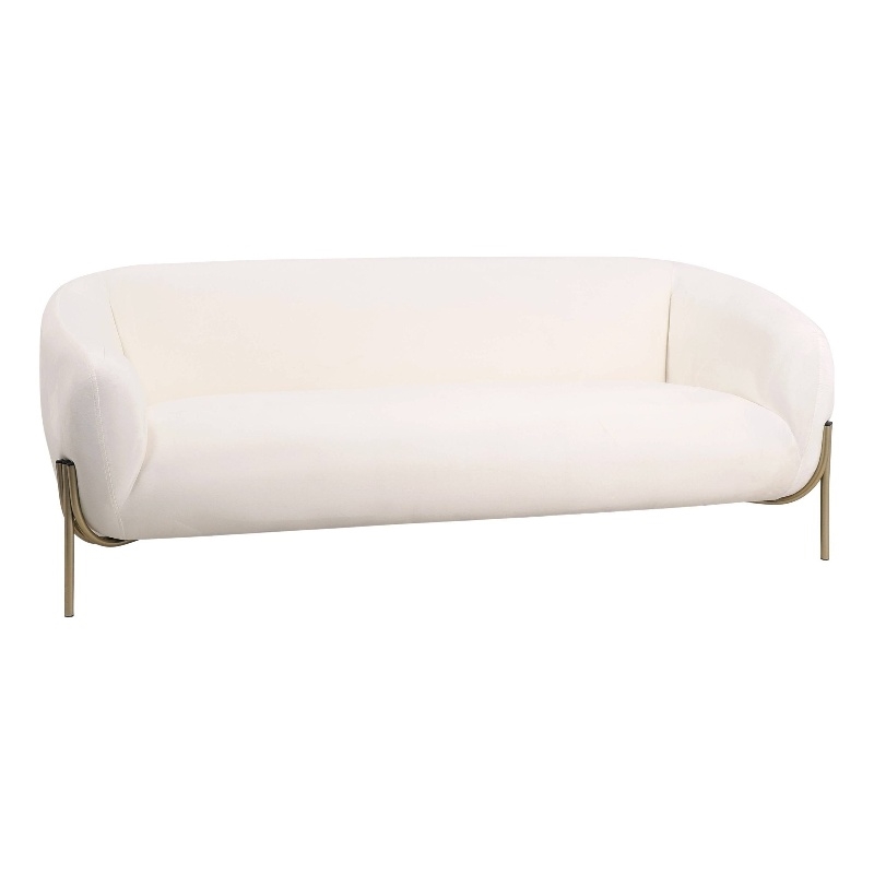 LeisureMod Zuno 3-Seater Upholstered Velvet Sofa with Gold Iron Legs in White