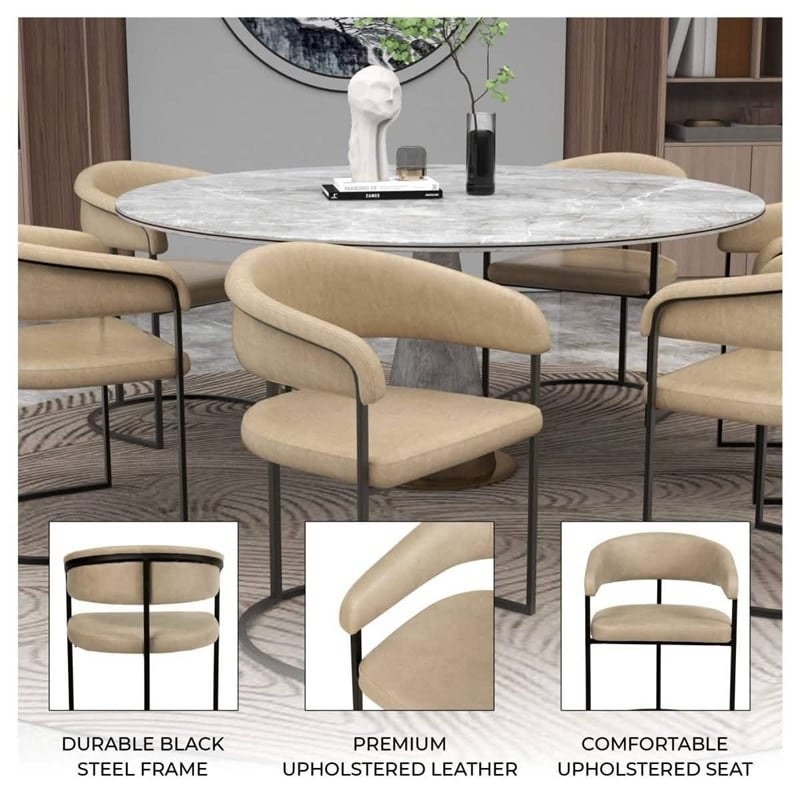 Aero Leather Upholstered Dining Chair with Powder-Coated Iron Frame in Oatmeal