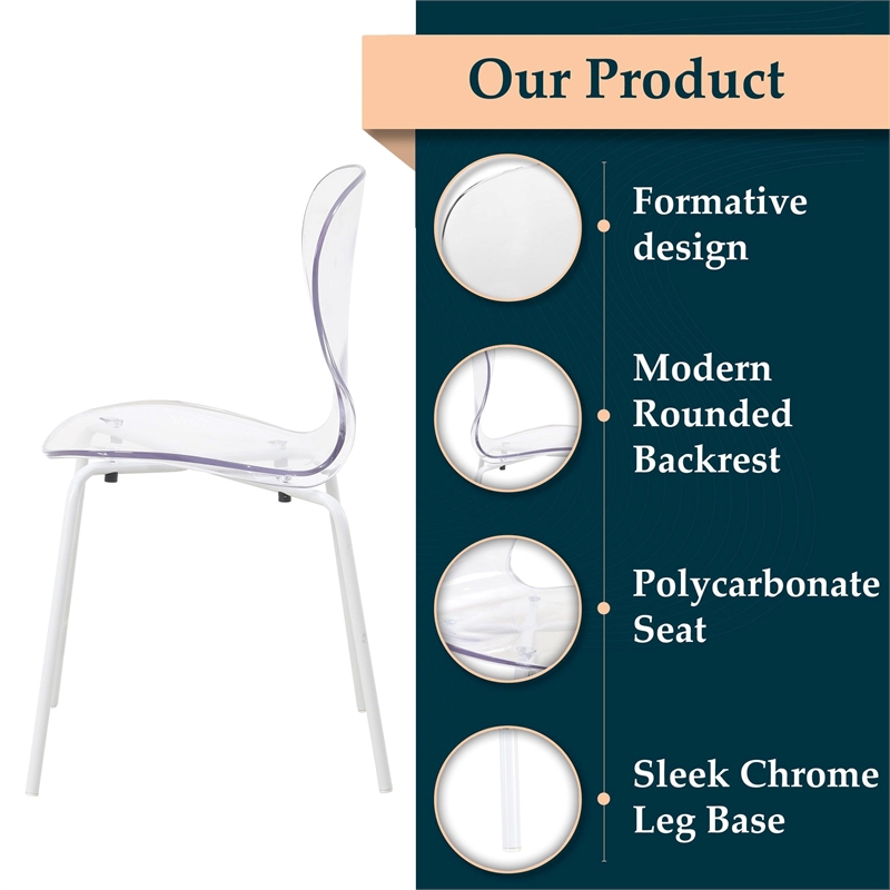 Transparent Plastic Dining Chair White Stainless Steel Base in Clear