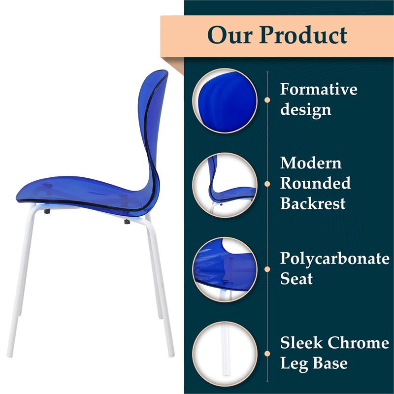 Transparent Plastic Dining Chair White Stainless Steel Base in Transparent Blue