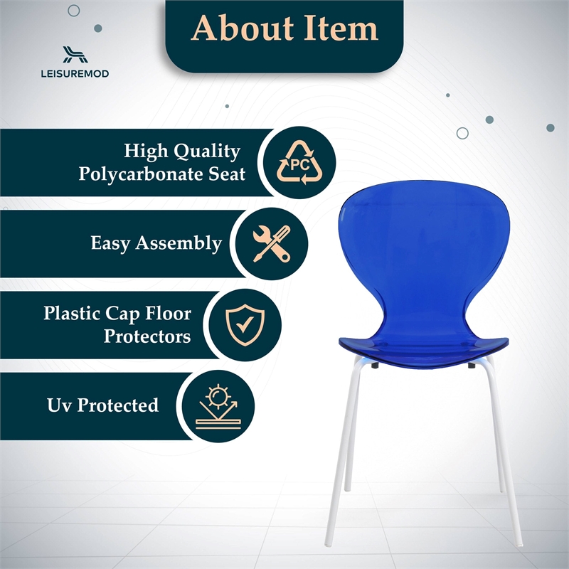 Transparent Plastic Dining Chair White Stainless Steel Base in Transparent Blue