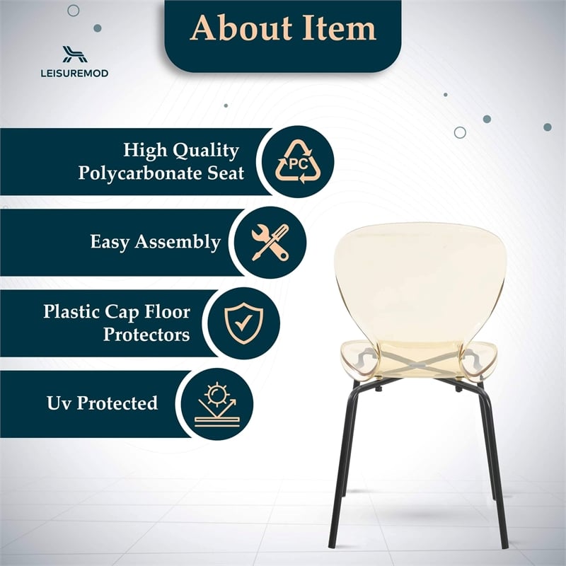 Transparent Plastic Side Chair with Black Metal Base in Amber