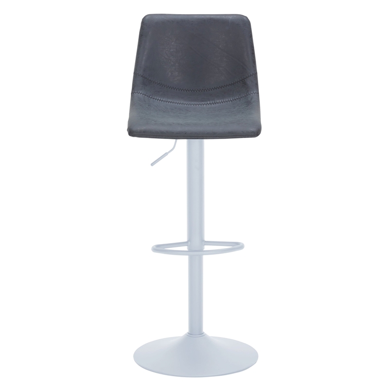 Adjustable Height Bar Stool in Leather with White Iron Base in Charcoal Black