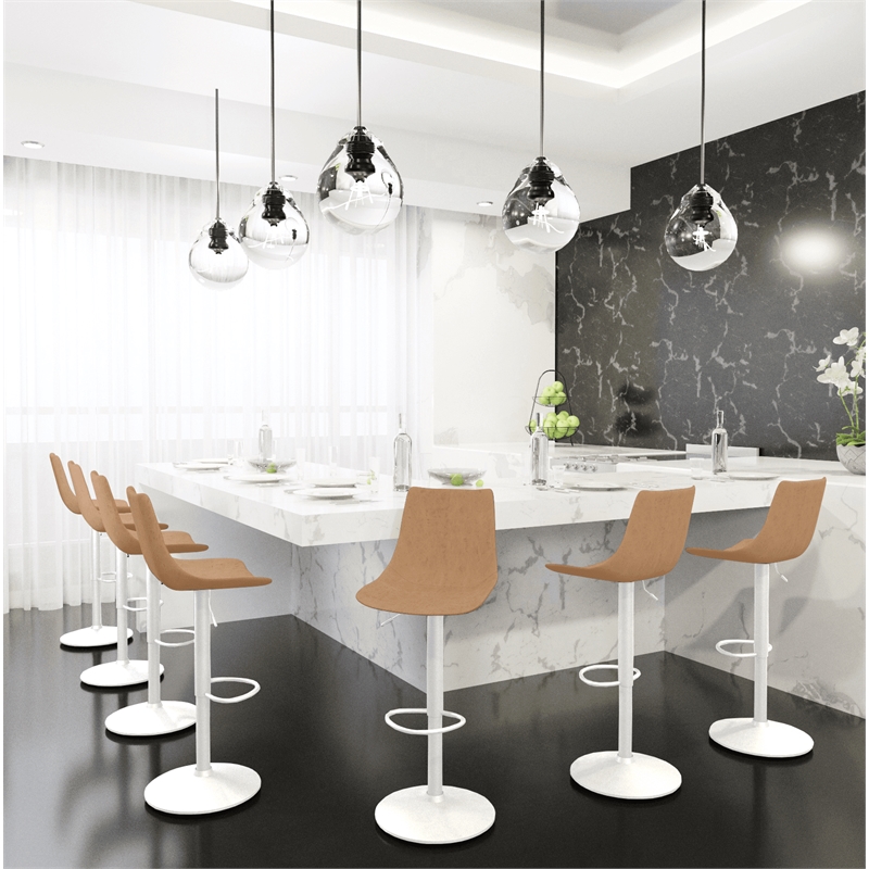 Adjustable Height Bar Stool in Leather with White Iron Base in Light Brown