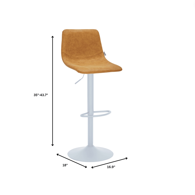 Adjustable Height Bar Stool in Leather with White Iron Base in Light Brown