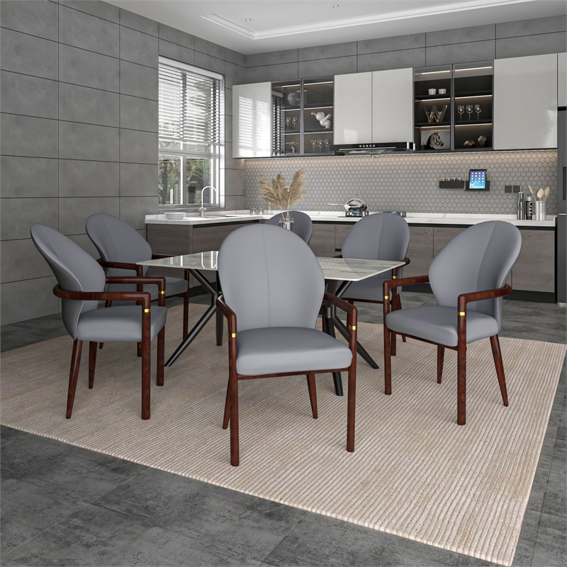 Leather Dining Arm Chair in Rubberwood with Gold Accents in Gray