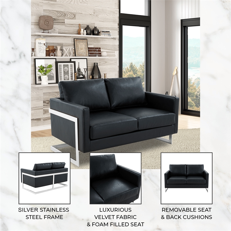 LeisureMod Leather Loveseat with Removable Cushions and Stainless Steel Base in Black