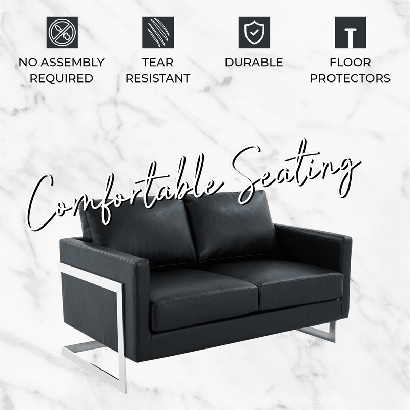 LeisureMod Leather Loveseat with Removable Cushions and Stainless Steel Base in Black