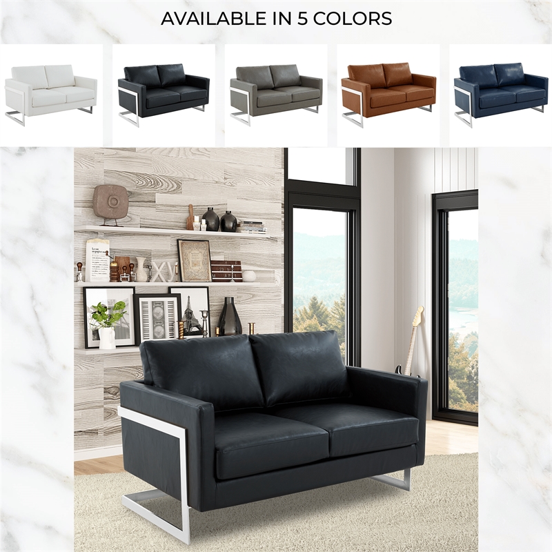 LeisureMod Leather Loveseat with Removable Cushions and Stainless Steel Base in Black