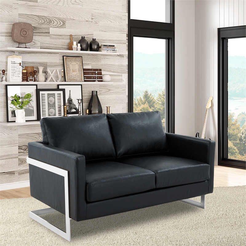 LeisureMod Leather Loveseat with Removable Cushions and Stainless Steel Base in Black