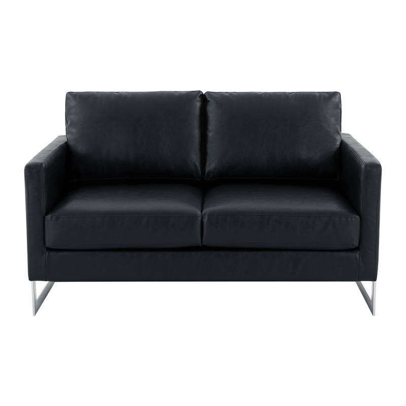 LeisureMod Leather Loveseat with Removable Cushions and Stainless Steel Base in Black