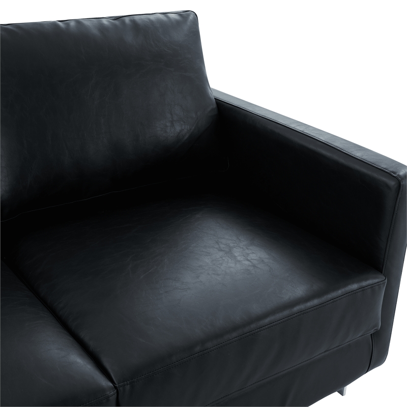 LeisureMod Leather Loveseat with Removable Cushions and Stainless Steel Base in Black