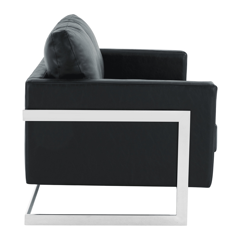 LeisureMod Leather Loveseat with Removable Cushions and Stainless Steel Base in Black