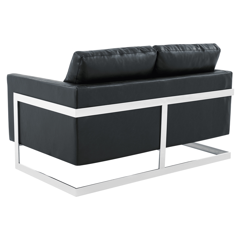 LeisureMod Leather Loveseat with Removable Cushions and Stainless Steel Base in Black