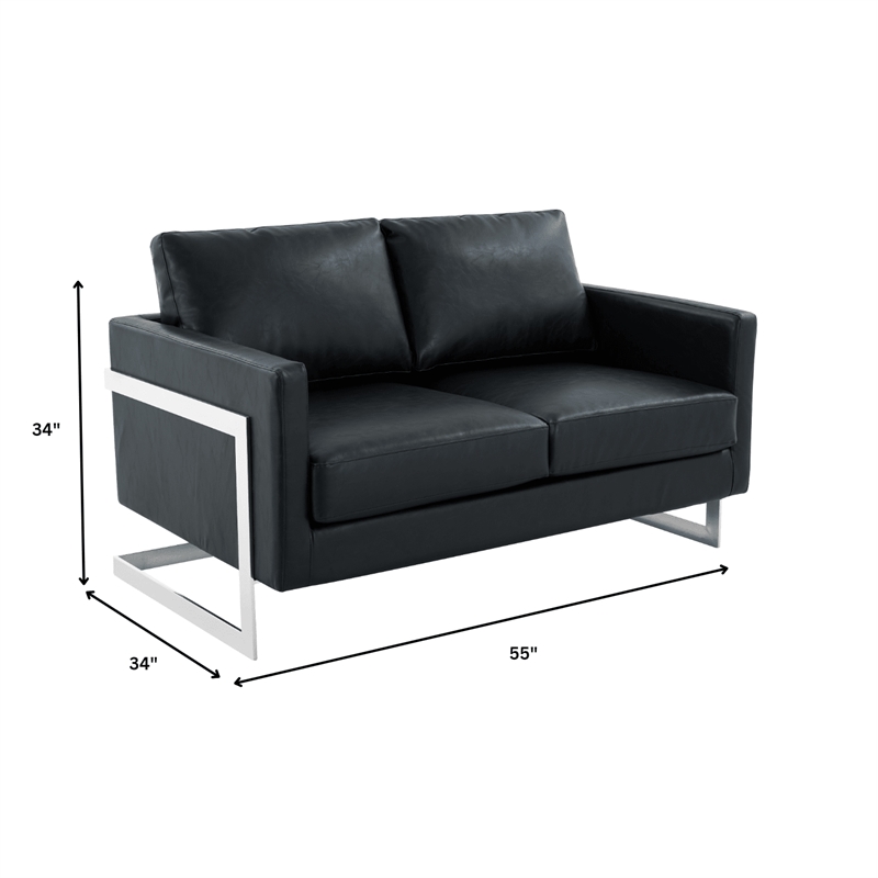LeisureMod Leather Loveseat with Removable Cushions and Stainless Steel Base in Black