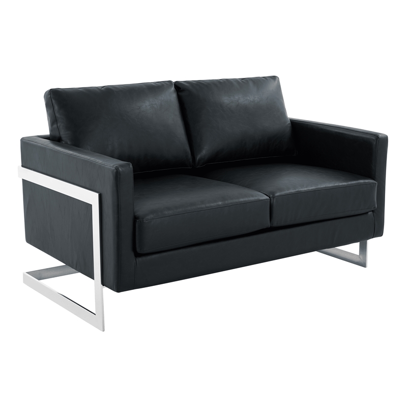 LeisureMod Leather Loveseat with Removable Cushions and Stainless Steel Base in Black