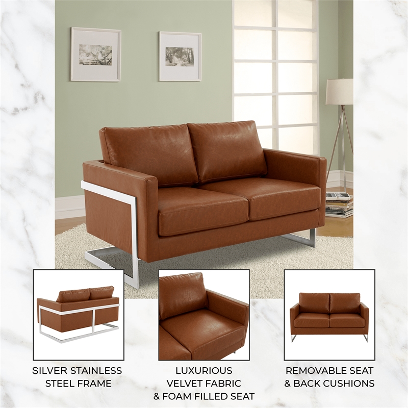 LeisureMod Leather Loveseat with Removable Cushions and Stainless Steel Base in Brown