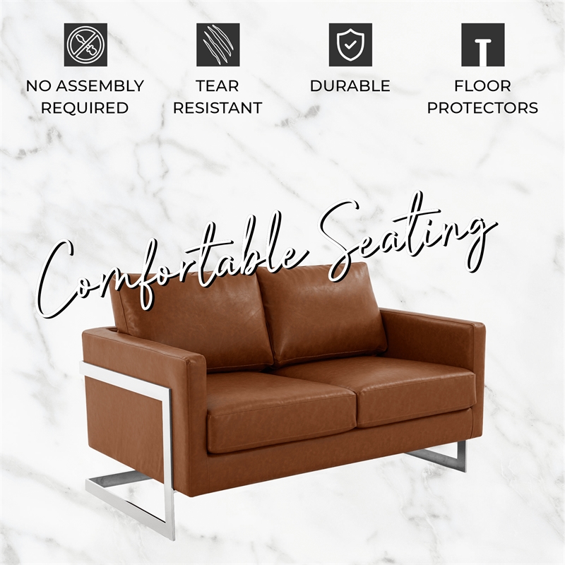 LeisureMod Leather Loveseat with Removable Cushions and Stainless Steel Base in Brown
