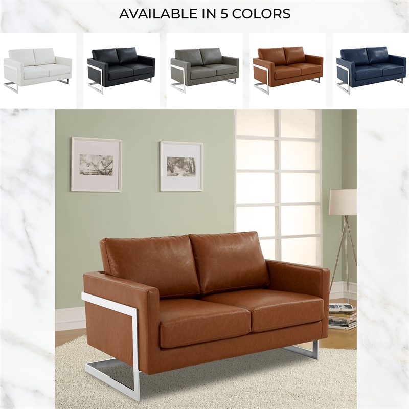 LeisureMod Leather Loveseat with Removable Cushions and Stainless Steel Base in Brown