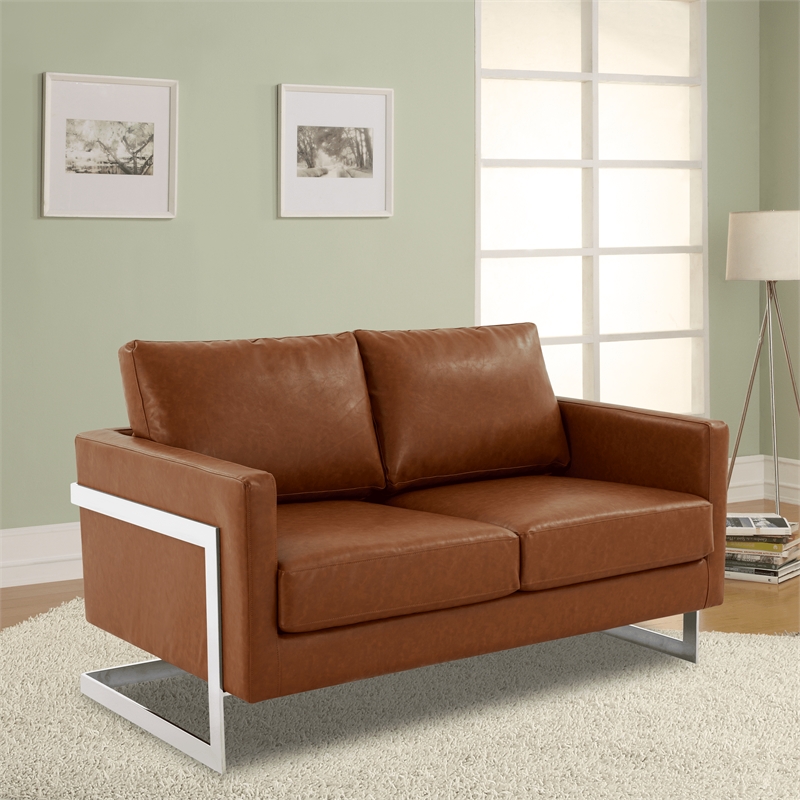 LeisureMod Leather Loveseat with Removable Cushions and Stainless Steel Base in Brown