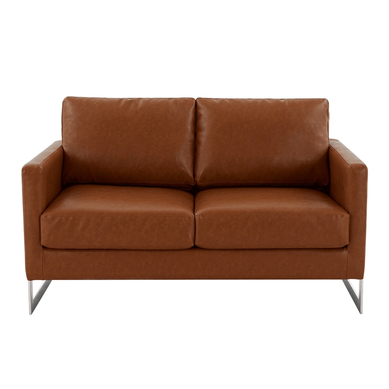 LeisureMod Leather Loveseat with Removable Cushions and Stainless Steel Base in Brown