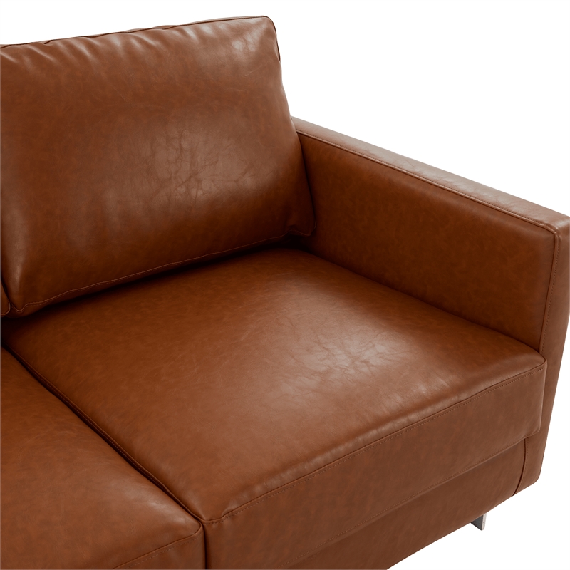 LeisureMod Leather Loveseat with Removable Cushions and Stainless Steel Base in Brown