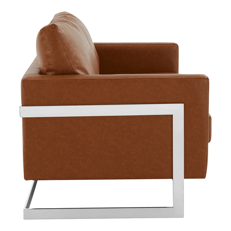LeisureMod Leather Loveseat with Removable Cushions and Stainless Steel Base in Brown