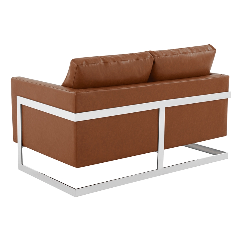 LeisureMod Leather Loveseat with Removable Cushions and Stainless Steel Base in Brown