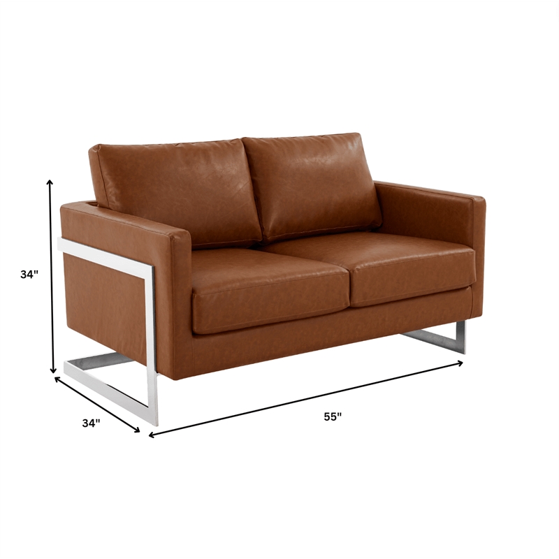 LeisureMod Leather Loveseat with Removable Cushions and Stainless Steel Base in Brown